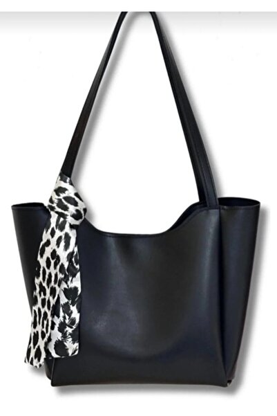STEEPPOLO SİYAH Kadın Fularlı Fermuarlı Kapamalı Shopper El Ve Omuz Çantası
