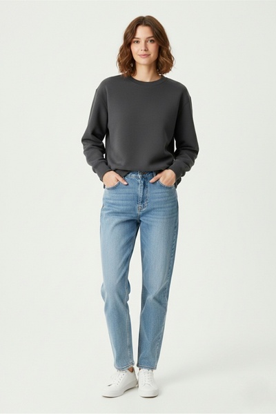 LAJMOUN Unisex Koyu Gri Bisiklet Yaka Basic Sweatshirt - %100 Pamuk 2 İplik