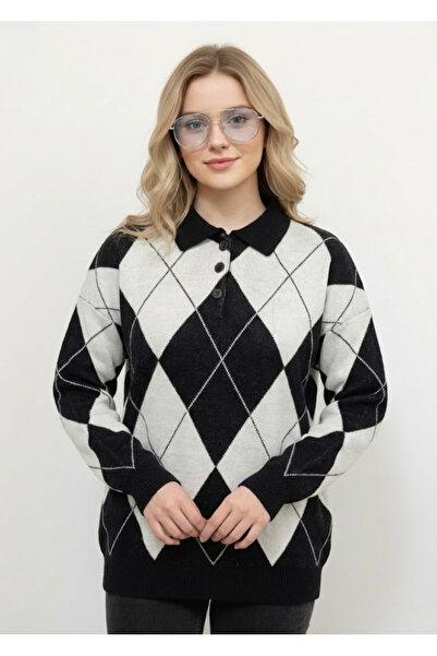 meday Clothing Lux Vintage Baklava Patterned, Polo Neck, Premium Knitwear Sweater