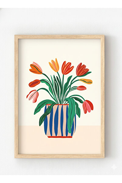 MIOVI Ahşap Çerçeveli Renkli Lale Çiçekli Poster – Modern Çiçek İllüstrasyonu