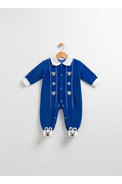 Bebemio Boutique Unisex Ayıcık Ve Çiçek Nakışlı Kadife Çıtçıtlı Bebek Tulumu ...