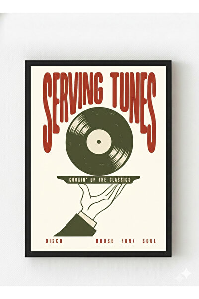 MIOVI Siyah Ahşap Çerçeveli “Serving Tunes” Poster – Retro Vinyl & Müzik Tema...