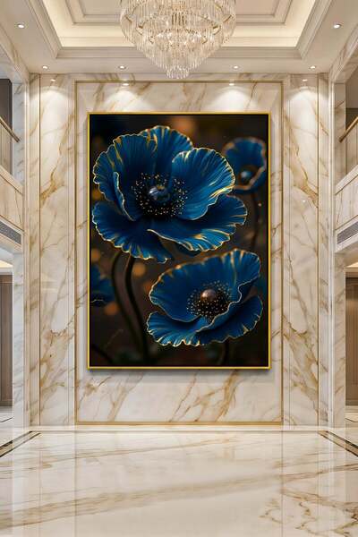 Wallivo Altın Varaklı Mavi Gelincikler Lüks Dekoratif Botanik Sanatı Gümüş Metal Çerçeveli Kanvas Tablo