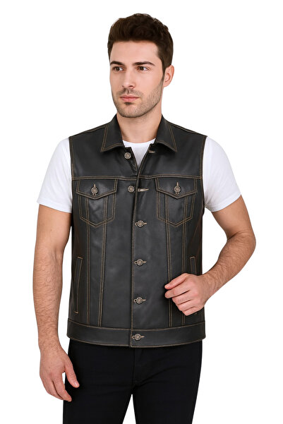 DERİJE İndiana Hakiki Deri Erkek Biker Motorcu Tarzı Siyah Kot Model Yelek