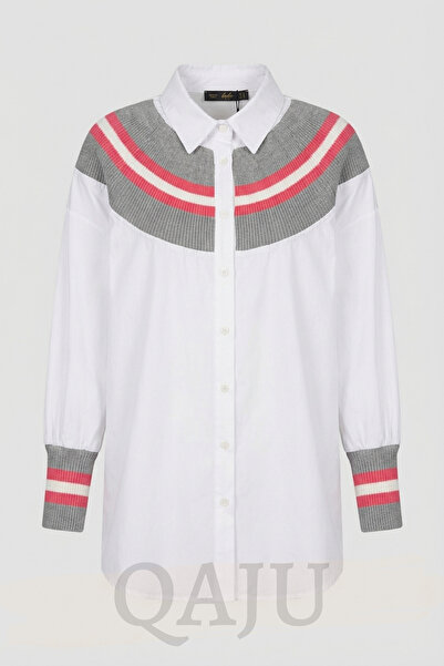 Qaju Women's White Knitted Collar Detailed Knitwear Casual Boyfriend Cotton Shirt - Pink