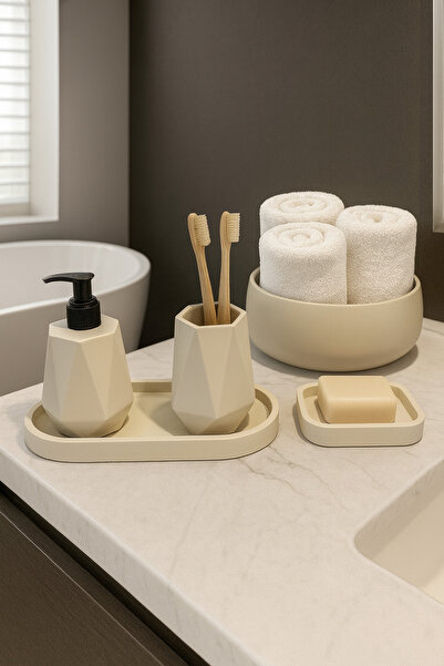 Zigzag Home Set de baie decorativ, 5 piese, geometric, dozator de săpun lichid, dozator de săpun solid, suport pentru periuță de dinți, tavă și suport pentru prosoape