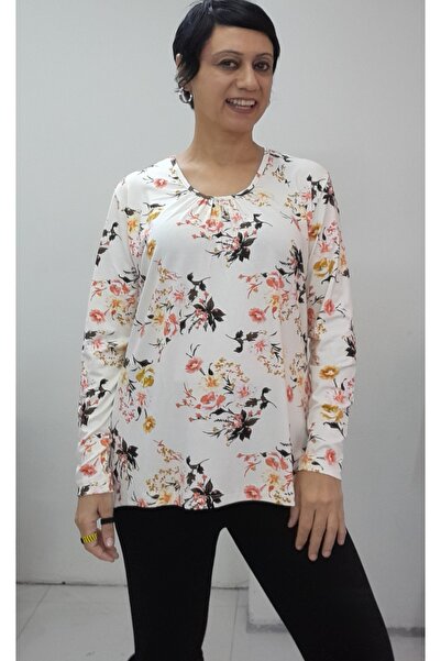 Mertcan Butik Cream Floral Print Front Smocked Long Sleeve Combed Viscose T-Shirt