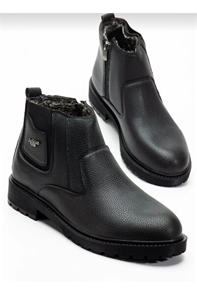 Asyagiyimavm İçi Kürklü/Yünlü Hakiki Deri Siyah Fermuarlı Kışlık Erkek Bot