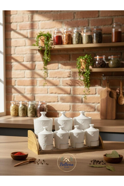 BUENOS Porselen Bambu Standlı Lüx Baharatlık Takımı 7'li Set
