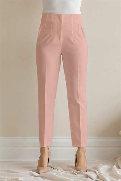 strivex High Waist Stitching Detailed Pencil piped Carrot Slim Leg Powder Fabric Trousers