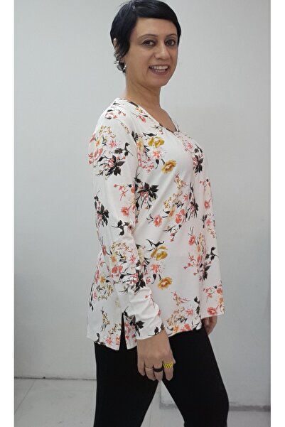 Mertcan Butik Cream Floral Print Front Smocked Long Sleeve Combed Viscose T-Shirt