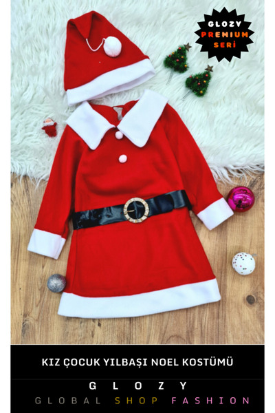 GLOZY Premium Seri Yeni Yıl Temalı Kırmızı Noel Kız Çocuk Etekli Şapkalı Foto...