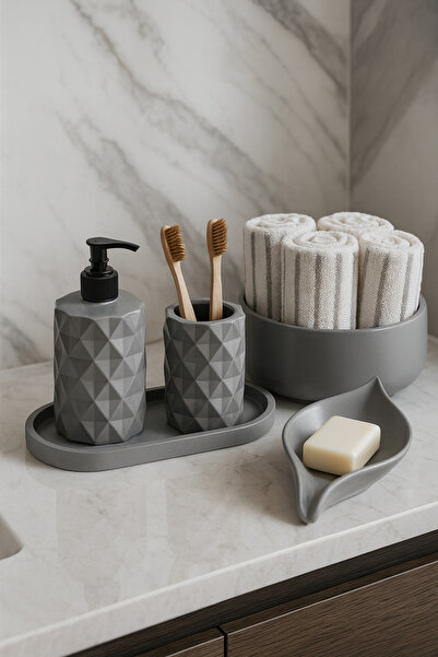 Zigzag Home Set de baie decorativ din 5 piese, dozator de săpun lichid, dozator de săpun solid, suport pentru periuță de dinți, tavă și suport pentru prosoape