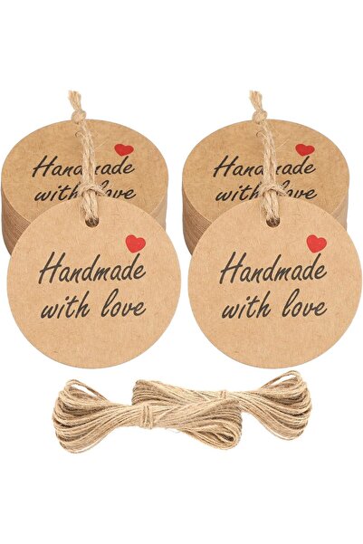 naturevo 100 Adet 5 cm Kraft Etiket – 20 metre Jüt İp Yuvarlak Hediye Etiketi...