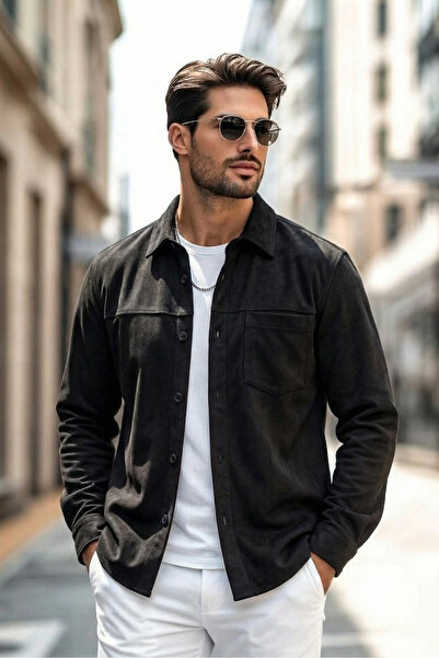 MADZEYMODA Men's Single Pocket Scuba Fabric Black Suede Shirt Ls-19811