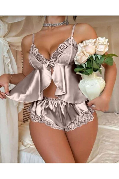 Pelife Underwear Saten Kısa Şortlu Gecelik | Dantelli-Beyaz-Vizon-Saten-Kadın...