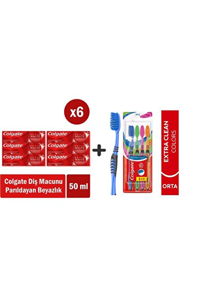 Colgate أوبتك وايت بريق أبيض 50 مل × 6 قطع + فرشاة أسنان إكسترا كلين كولورز 3+1