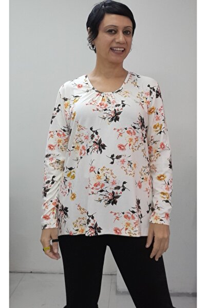 Mertcan Butik Cream Floral Print Front Smocked Long Sleeve Combed Viscose T-Shirt