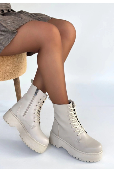 KAZAX Μπότες Jonni Beige Δερμάτινες με κορδόνια