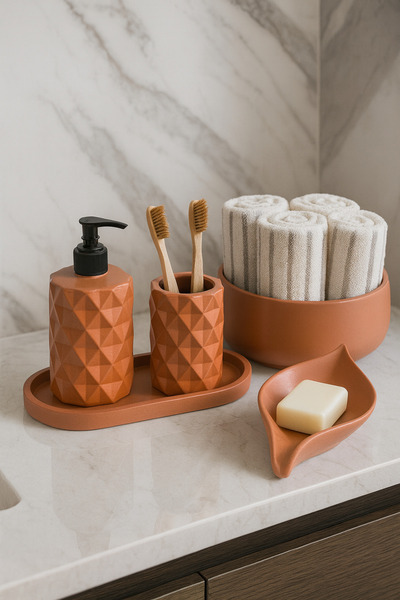 Zigzag Home Set de baie decorativ din 5 piese, dozator de săpun lichid, dozator de săpun solid, suport pentru periuță de dinți, tavă și suport pentru prosoape