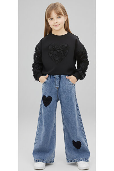 Calisa Black Heart Detailed Wide Leg Jeans and Lace Sleeve Heart Printed Black Sweatshirt 2-Piece Set