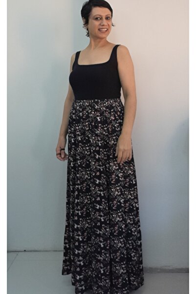 Mertcan Butik Black Floral Patterned 6-Piece Combed Viscose Skirt