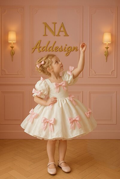 NA ADDESIGN Özel Tasarım Pembe Fiyonk Detaylı Kabarık Prenses Kız Elbisesi – ...