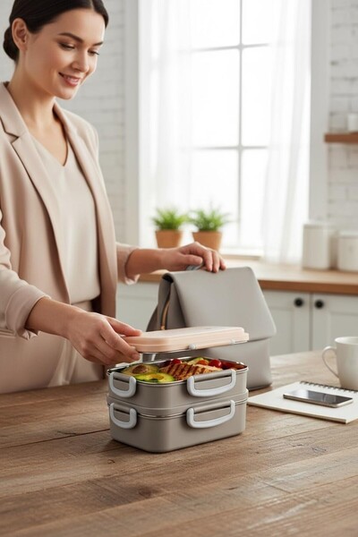 kitchenboost beslenme kabı çelik sefer tası - yemek termosu saklama kabı 2 katlı 400+450=850ml.