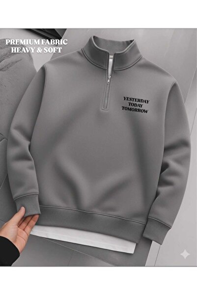 woonkey Premium Heavy & Soft Oversized Half Zipper Sweatshirt Unisex “Yesterday Today Tomorrow” Printed