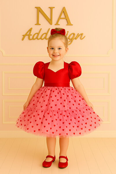 NA ADDESIGN Top din satin roșu – Fusta din tul cu model de inimă roz Rochie p...