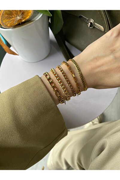 Steel Gold Color Trend Bracelet Set – Bright and Modern Combination of 5