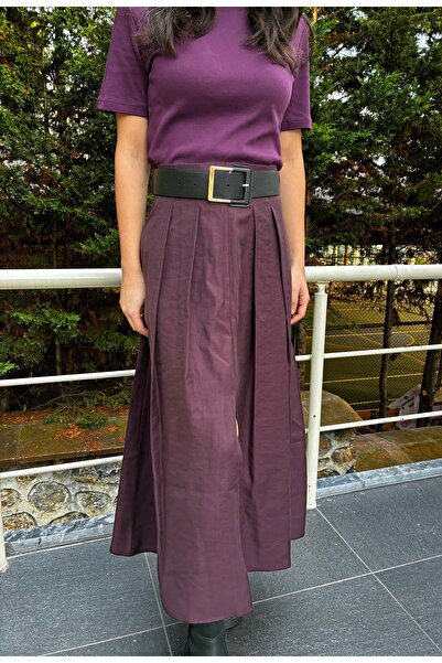 Somut istanbul Belted Midi Length Slit Skirt with Pleated Detail