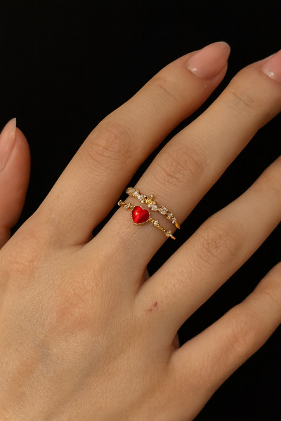 Alsem Gold Plated Special Red Heart Ring for Lovers, Gold Flower Motif Lover's Ring, Romantic Ring