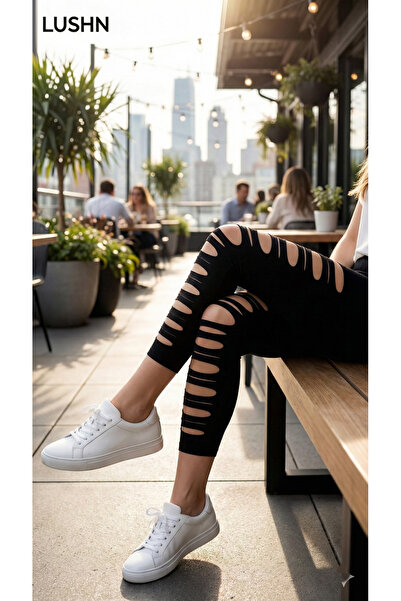 LUSHN Yüksek Bel Yırtık Detaylı Siyah Kadın Tayt