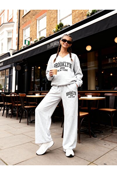ALİKA V-Neck Wide Leg Bottom Top Tracksuit Set