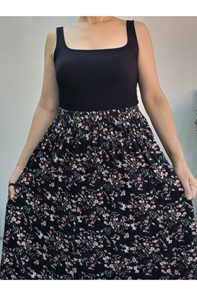 Mertcan Butik Black Floral Patterned 6-Piece Combed Viscose Skirt