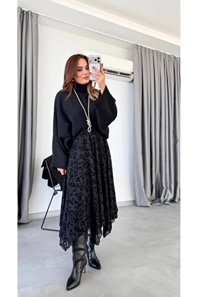 Butik Beyza Tulle Flock Detailed Asymmetrical Cut Skirt