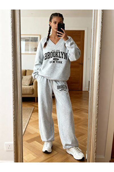 ALİKA V-Neck Wide Leg Bottom Top Tracksuit Set