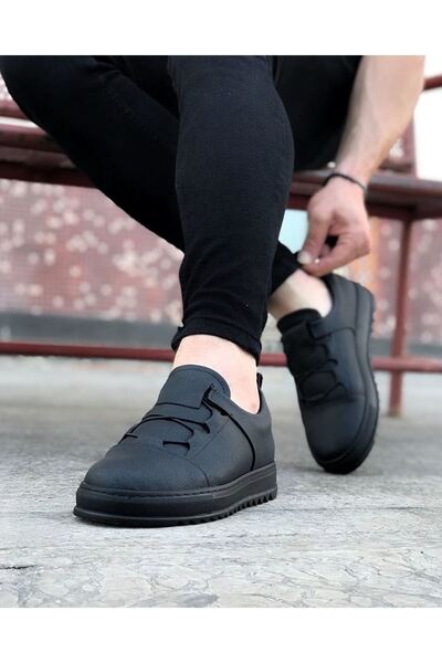 Mhoda Shoes Rlx036 Men's Casual Lace-Up Elastic Leather Sports Sneaker Shoes Cst - Black