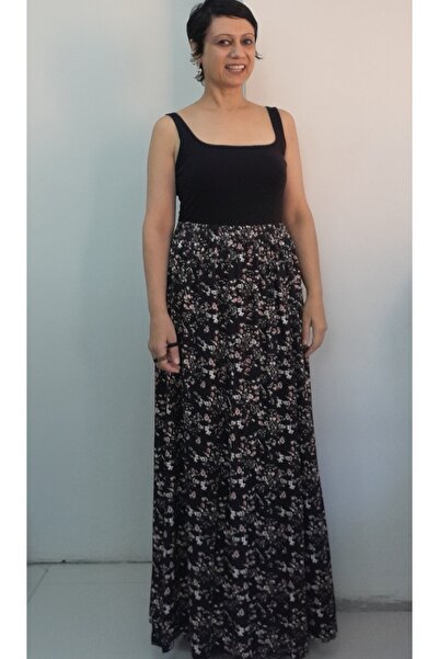 Mertcan Butik Black Floral Patterned 6-Piece Combed Viscose Skirt