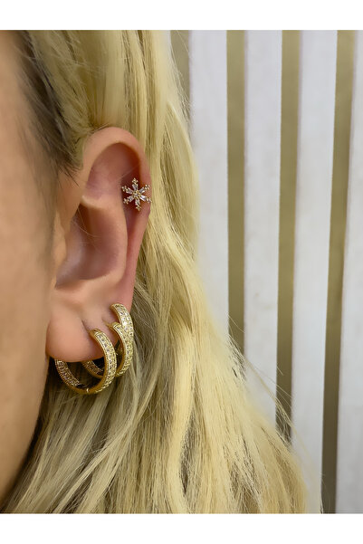 Hicrans Takı KRİSTAL TAŞLI KAR TANESİ MODEL ÇELİK HELİX TRAGUS KÜPESİ