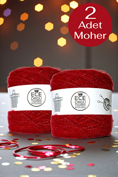 Ece Örgü Tasarım Atölyesi Kırmızı renkli, bol tüylü moher örgü ipi (200 gr.)
