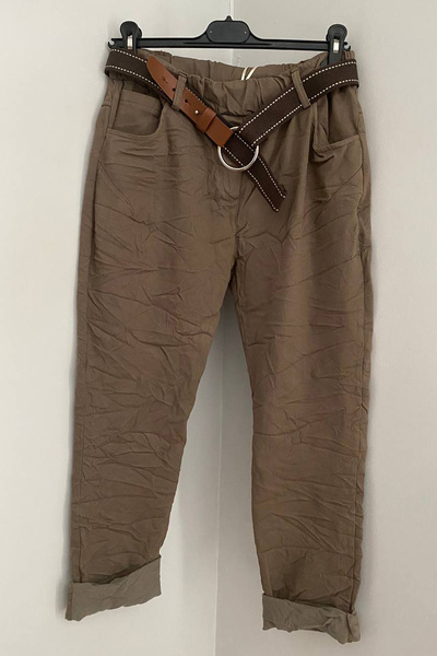 AYASOFYA OTANTIK Women's Italian Mink Elastic Waist Belted Plain Pattern Full Stretch Fabric Pants