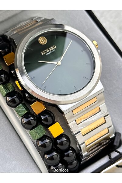 Reward Men's Watch, Green Dial, Yellow Silver Color Steel Band, Simple Model, Stylish Box, Bracelet Gift
