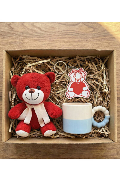 Hr Production Kişiye Özel Hediye Seti|25cm Kırmızı Peluş Ayıcık,Mavi Flowly K...