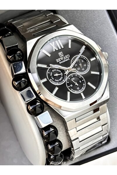 Reward Men's Watch, Black Dial, Silver Color Steel Band, Functions Active, Bracelet Gift
