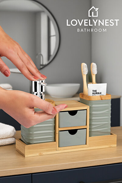 LovelyNest Bambu Çekmeceli 2 gözlü Sıvı Sabunluk Ve Diş Fırçalıklı Banyo Orga...