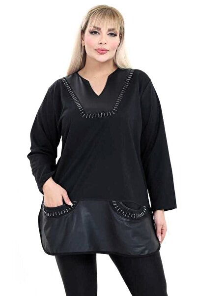 Kheos Yaka Ve Cepleri Tas Aksesuarlı Deri Garnıli Yanları Yırtmaçlı Büyük Beden Tasarım Tunik