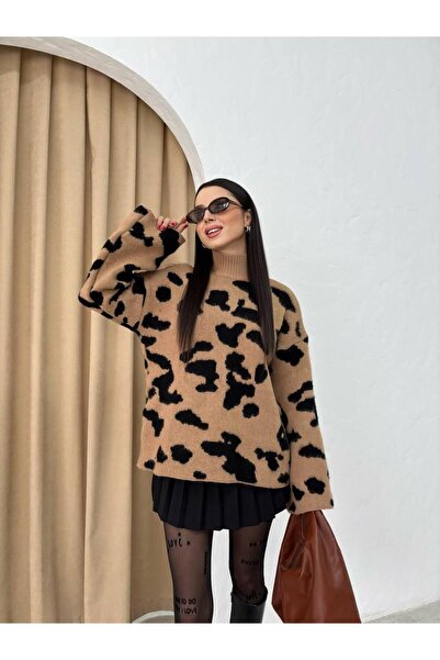 cheen Leopard Patterned Trendy Half Fisherman Top Knitwear