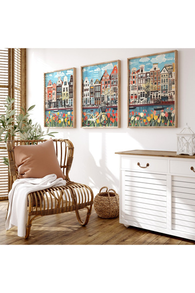 woodhomeworks Ahşap Çerçeveli 3 Lü Soyut Tablo Home amsterdam